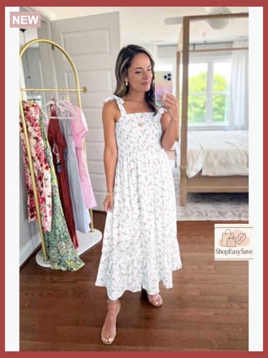 Summer Floral Maxi Dress Boho Tie Strap Sleeveless Smocked A-Line Beach Sundress - Picture 6 of 7